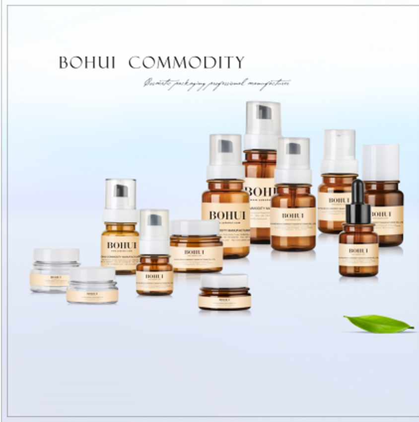 BOHUI amber glass set: cream jars, airless pumps, and dropper bottles